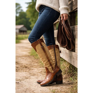 Matisse Tall Riding Boots 8.5M Brown Leather Tan Suede Equestrian Zip Buckles